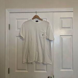 Men’s Polo T-Shirt. White with a blue pony. Size Large.